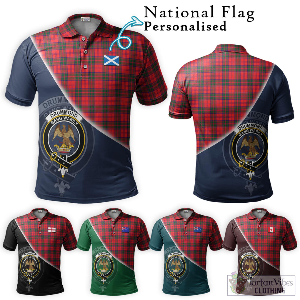 Drummond Modern Tartan Polo Shirt with Personalised National Flag and Family Crest Half Style Maroon - Tartanvibesclothing Shop