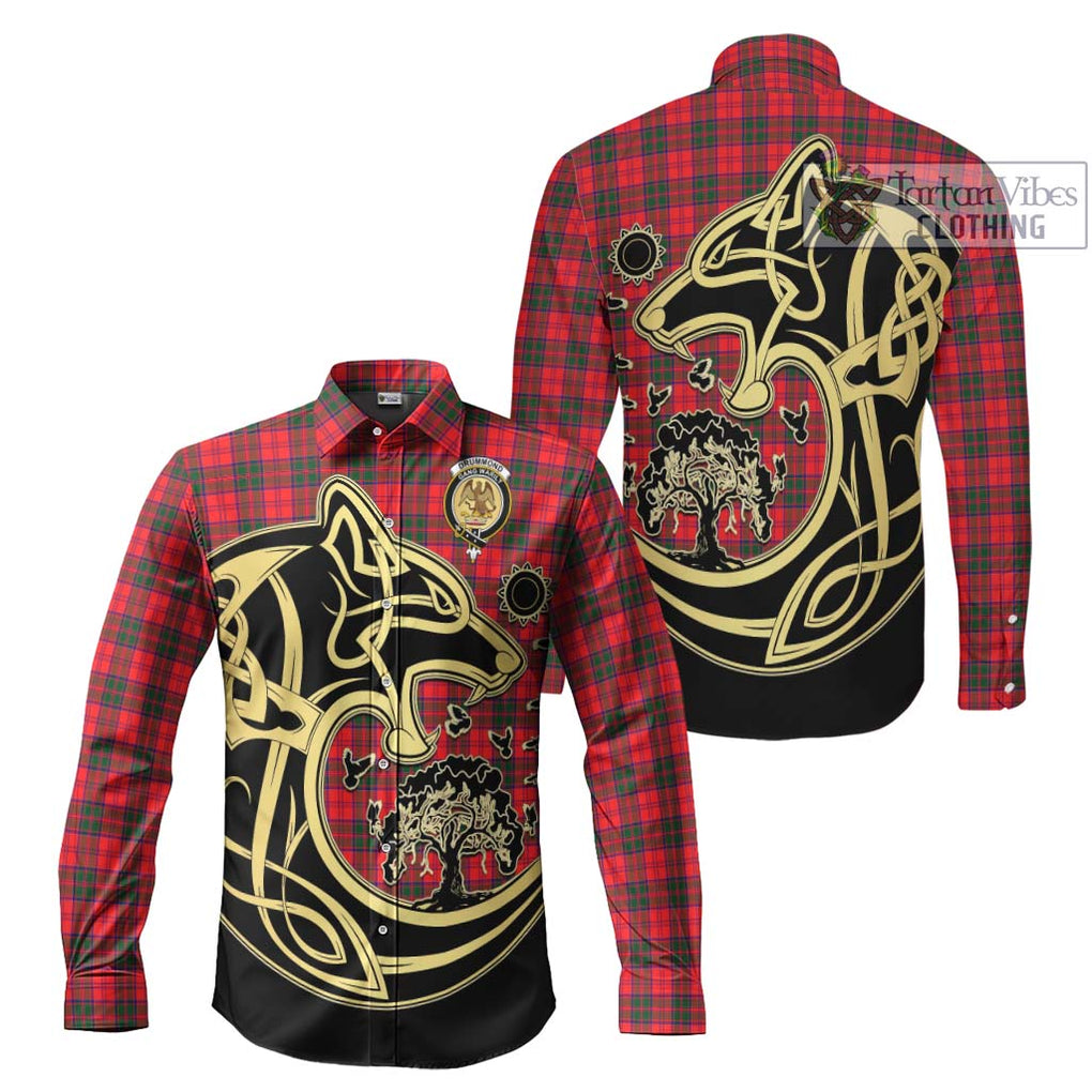 Drummond Modern Tartan Long Sleeve Button Shirt with Family Crest Celtic Wolf Style Men's Shirt S - Tartan Vibes Clothing