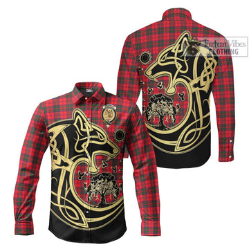 Drummond Modern Tartan Long Sleeve Button Shirt with Family Crest Celtic Wolf Style