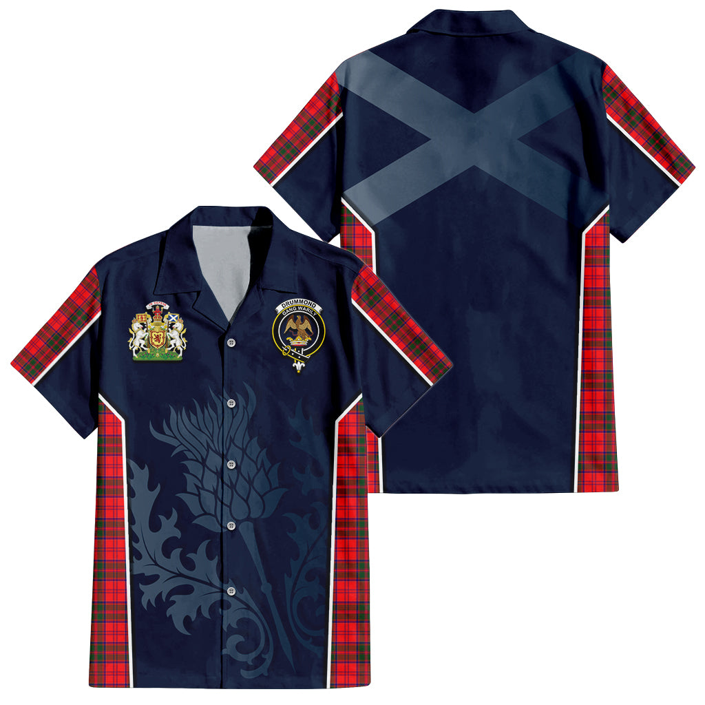 Tartan Vibes Clothing Drummond Modern Tartan Short Sleeve Button Up Shirt with Family Crest and Scottish Thistle Vibes Sport Style