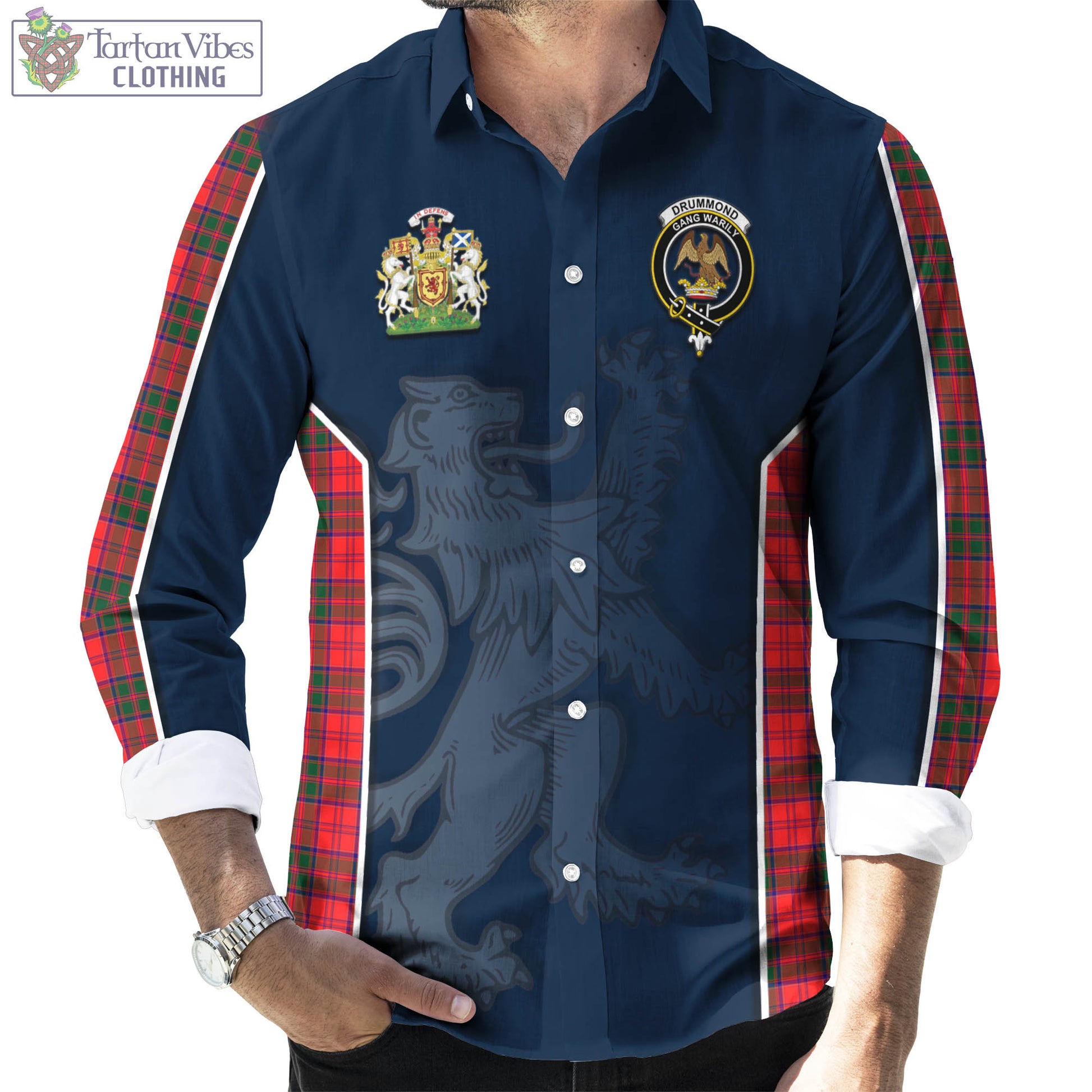 Tartan Vibes Clothing Drummond Modern Tartan Long Sleeve Button Up Shirt with Family Crest and Lion Rampant Vibes Sport Style