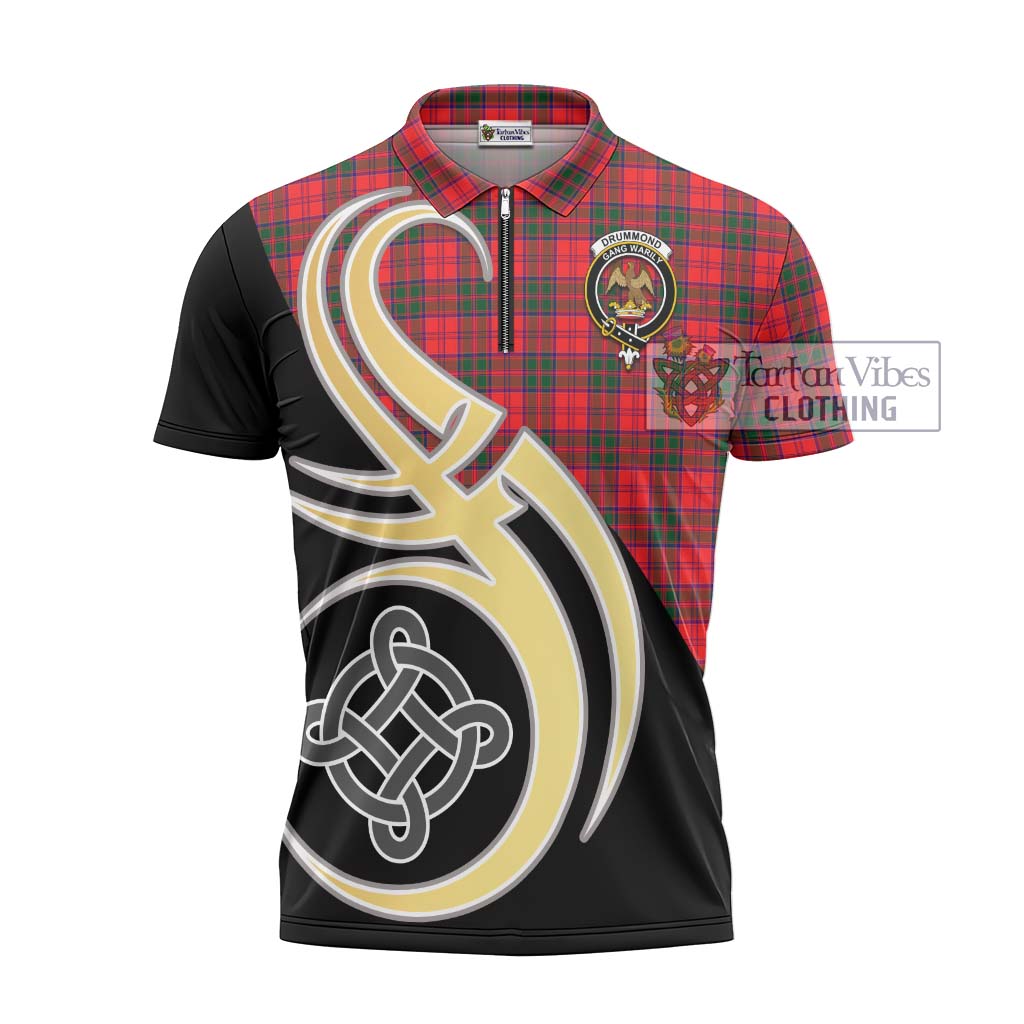 Tartan Vibes Clothing Drummond Modern Tartan Zipper Polo Shirt with Family Crest and Celtic Symbol Style