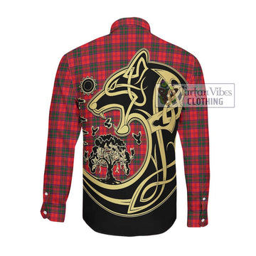 Drummond Modern Tartan Long Sleeve Button Shirt with Family Crest Celtic Wolf Style