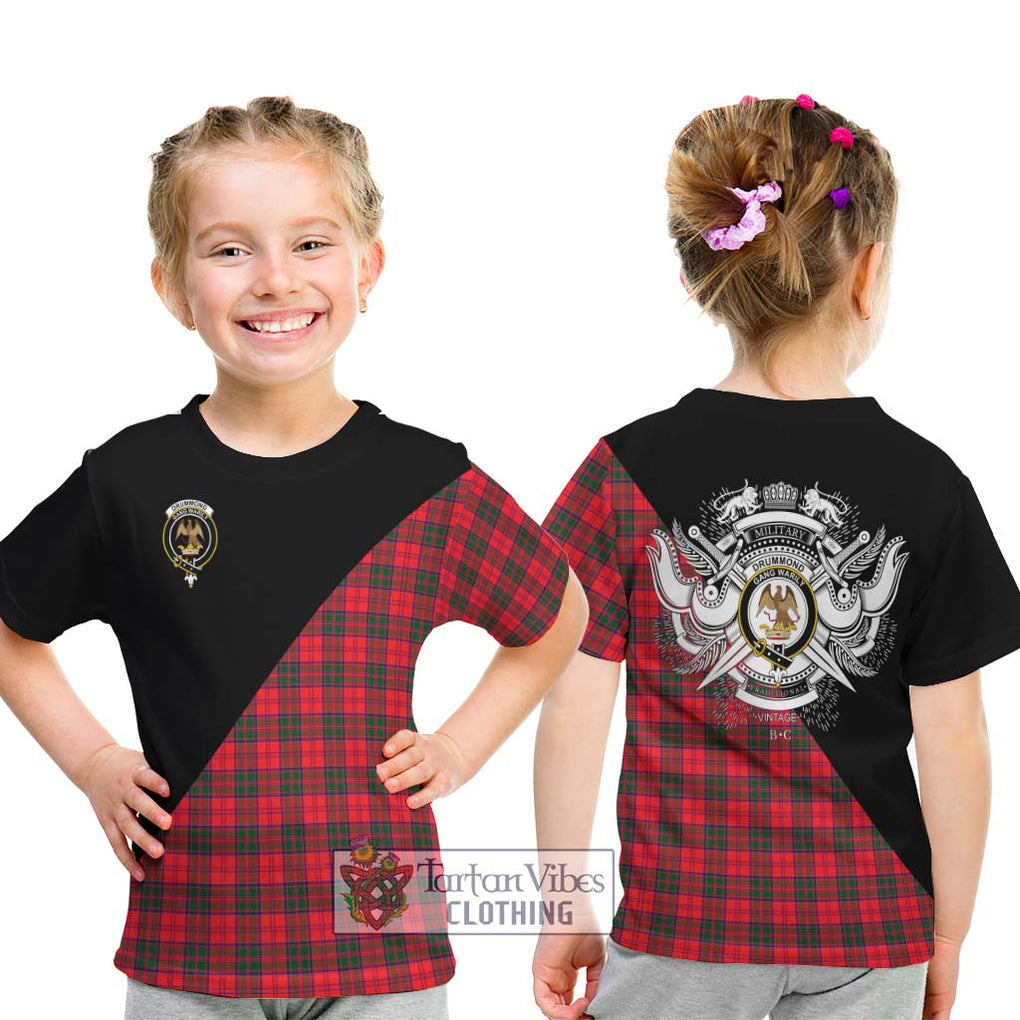 Drummond Modern Tartan Kid T-Shirt with Family Crest and Military Logo Style - Tartanvibesclothing Shop