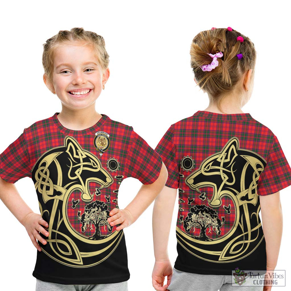 Drummond Modern Tartan Kid T-Shirt with Family Crest Celtic Wolf Style - Tartan Vibes Clothing