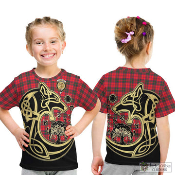 Drummond Modern Tartan Kid T-Shirt with Family Crest Celtic Wolf Style