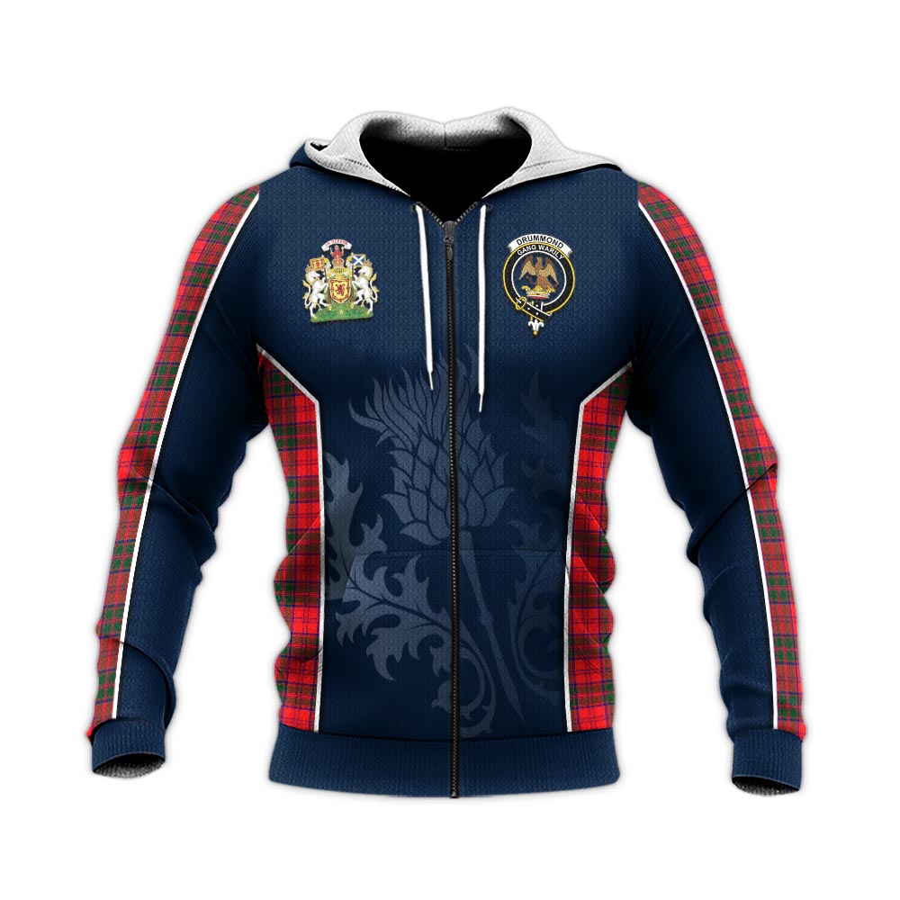 Tartan Vibes Clothing Drummond Modern Tartan Knitted Hoodie with Family Crest and Scottish Thistle Vibes Sport Style