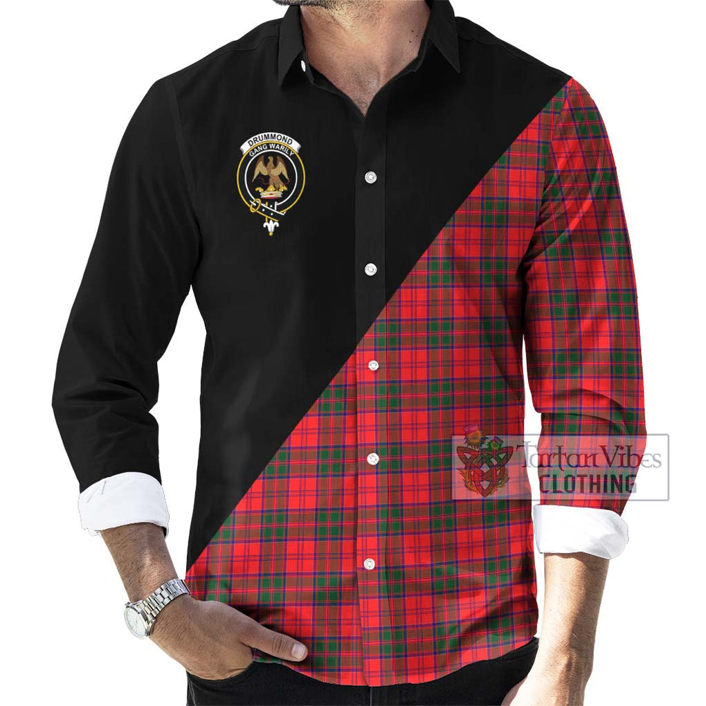 Drummond Modern Tartan Long Sleeve Button Shirt with Family Crest and Military Logo Style - Tartanvibesclothing Shop