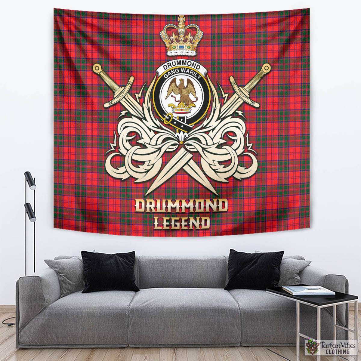 Tartan Vibes Clothing Drummond Modern Tartan Tapestry with Clan Crest and the Golden Sword of Courageous Legacy