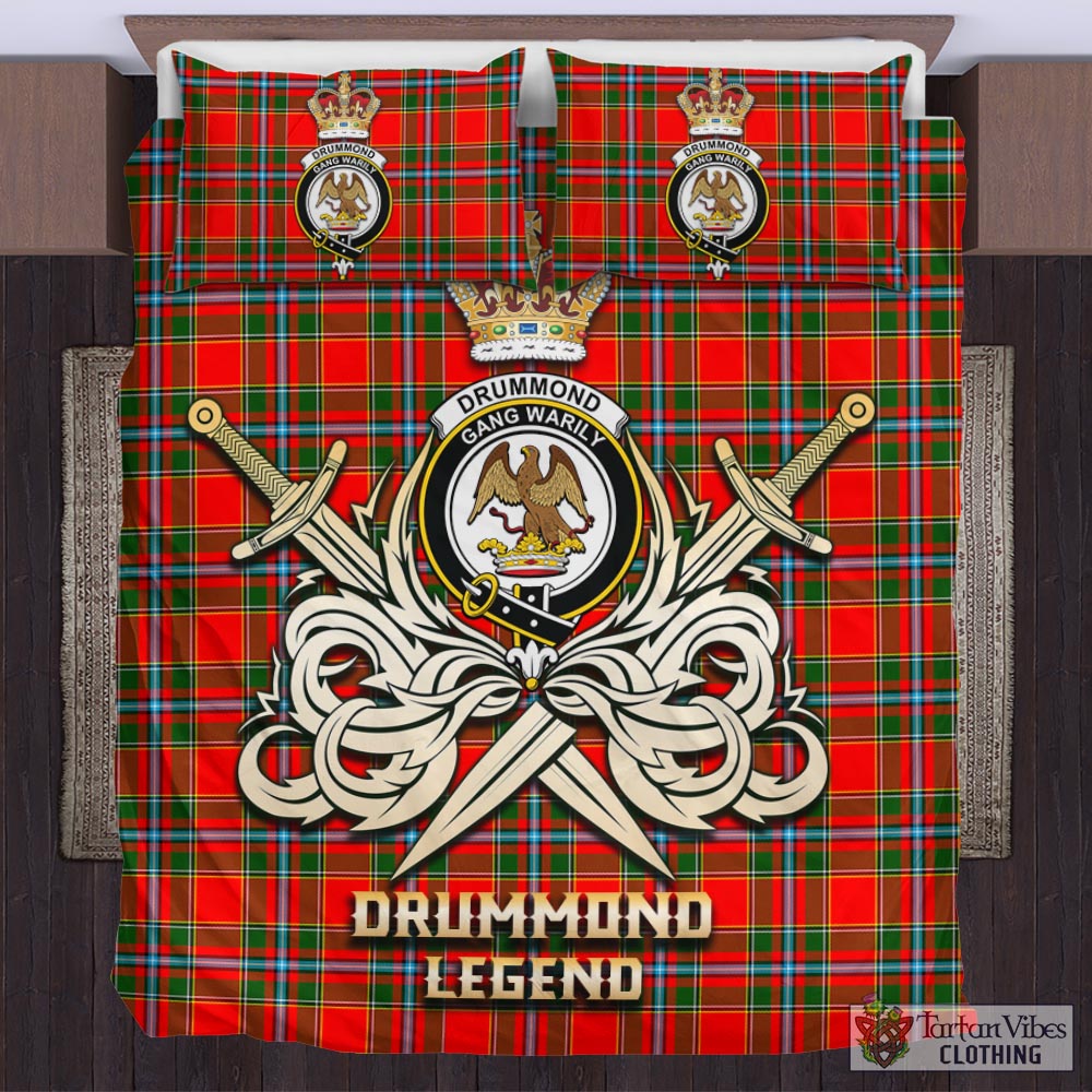 Tartan Vibes Clothing Drummond of Perth Tartan Bedding Set with Clan Crest and the Golden Sword of Courageous Legacy