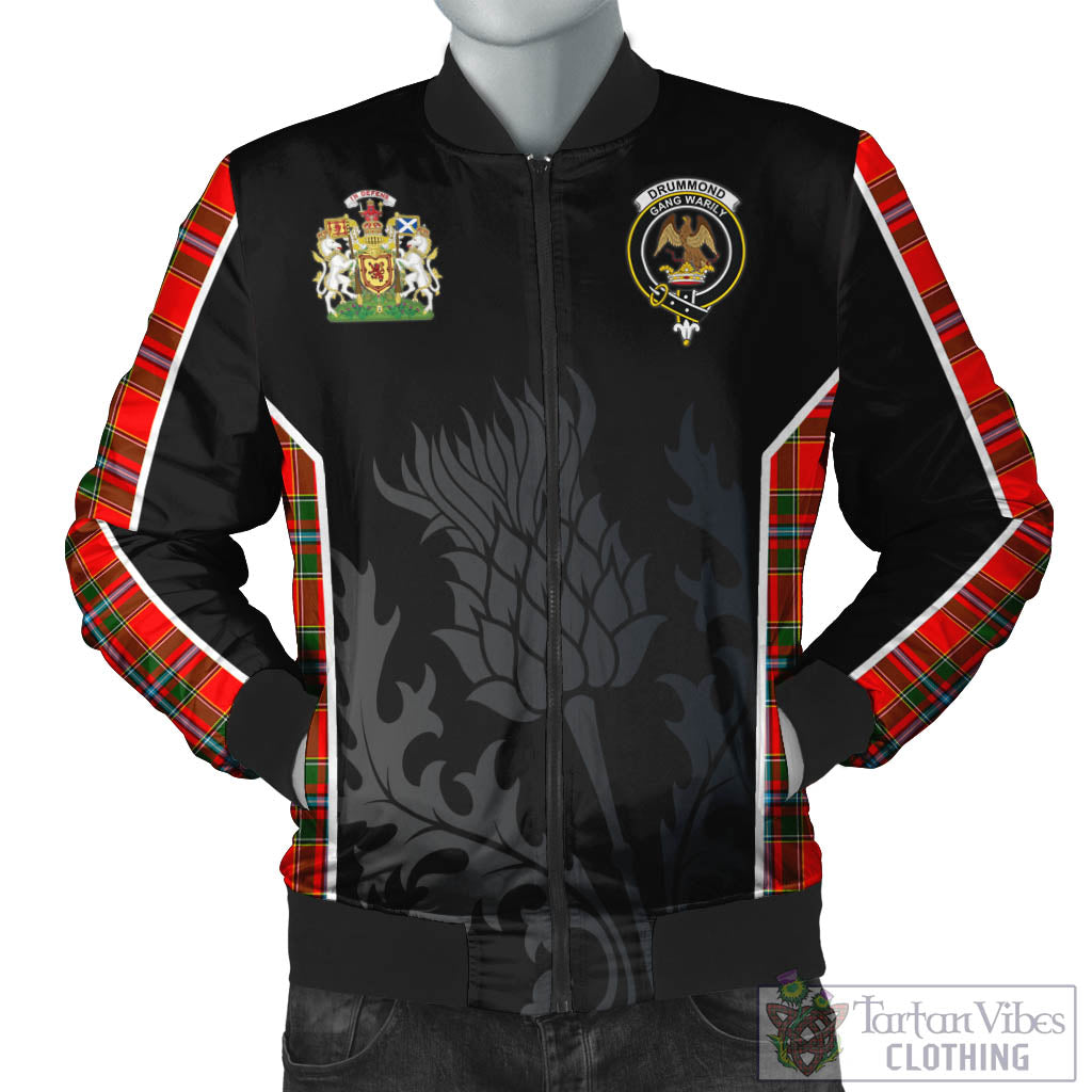 Tartan Vibes Clothing Drummond of Perth Tartan Bomber Jacket with Family Crest and Scottish Thistle Vibes Sport Style