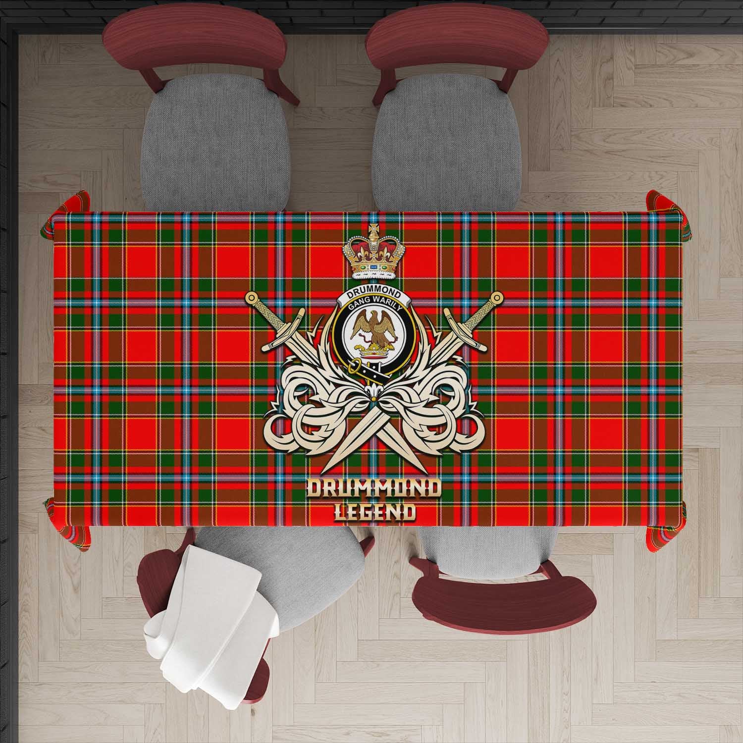 Tartan Vibes Clothing Drummond of Perth Tartan Tablecloth with Clan Crest and the Golden Sword of Courageous Legacy