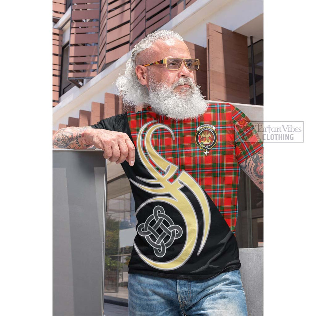 Tartan Vibes Clothing Drummond of Perth Tartan Cotton T-shirt with Family Crest and Celtic Symbol Style