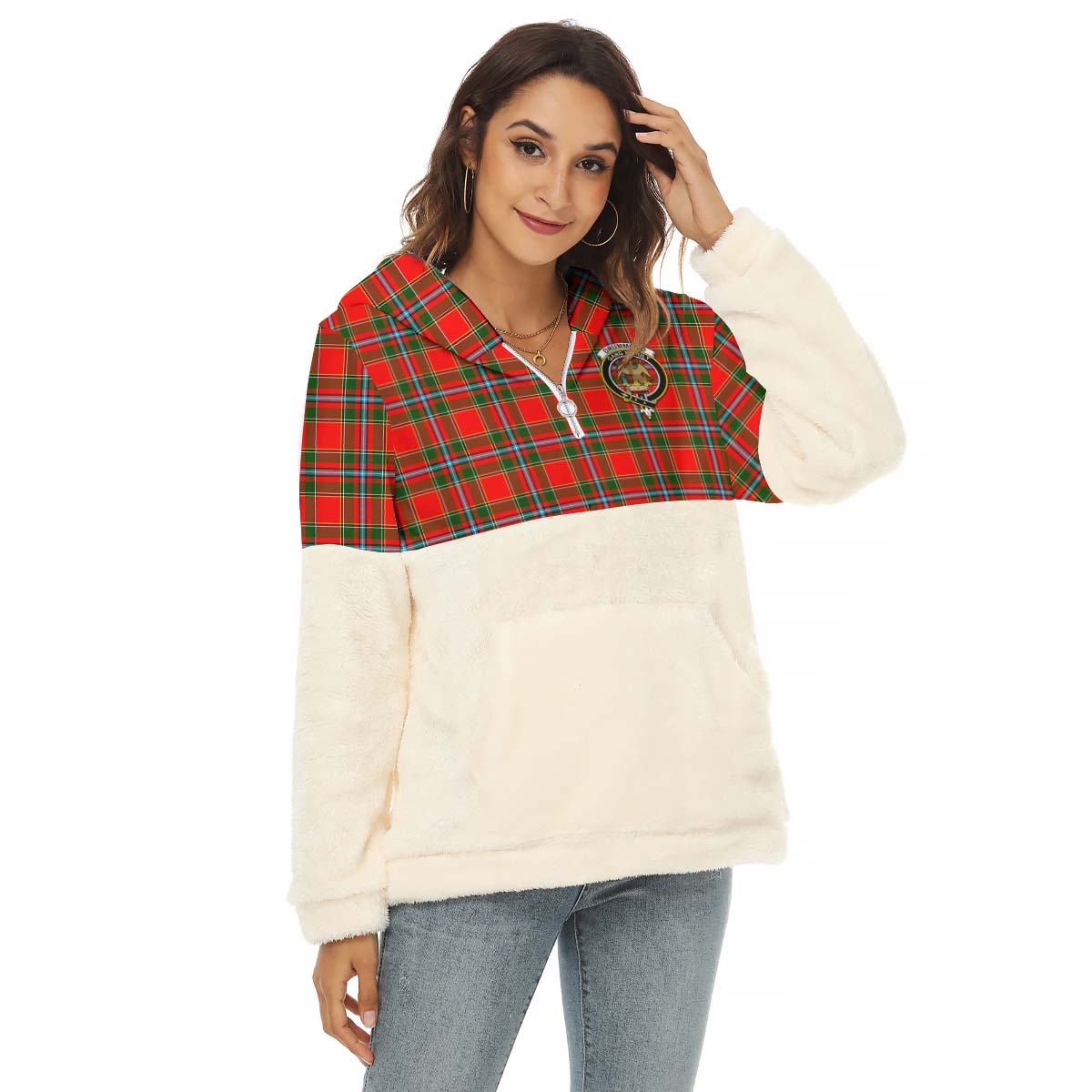 Drummond of Perth Tartan Women's Borg Fleece Hoodie With Half Zip with Family Crest Female - Tartan Vibes Clothing