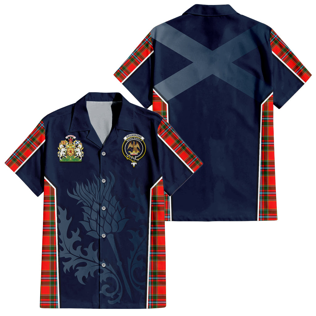 Tartan Vibes Clothing Drummond of Perth Tartan Short Sleeve Button Up Shirt with Family Crest and Scottish Thistle Vibes Sport Style