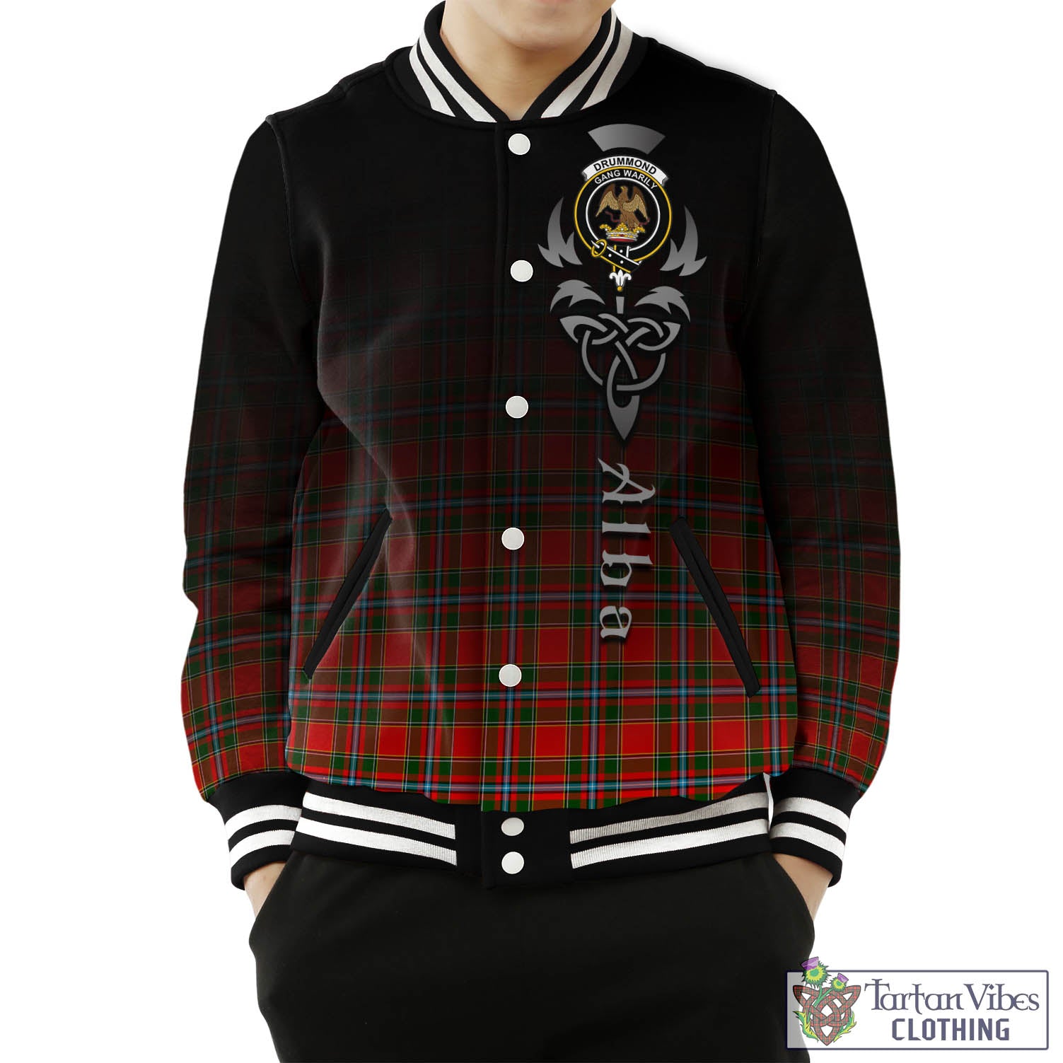 Tartan Vibes Clothing Drummond of Perth Tartan Baseball Jacket Featuring Alba Gu Brath Family Crest Celtic Inspired