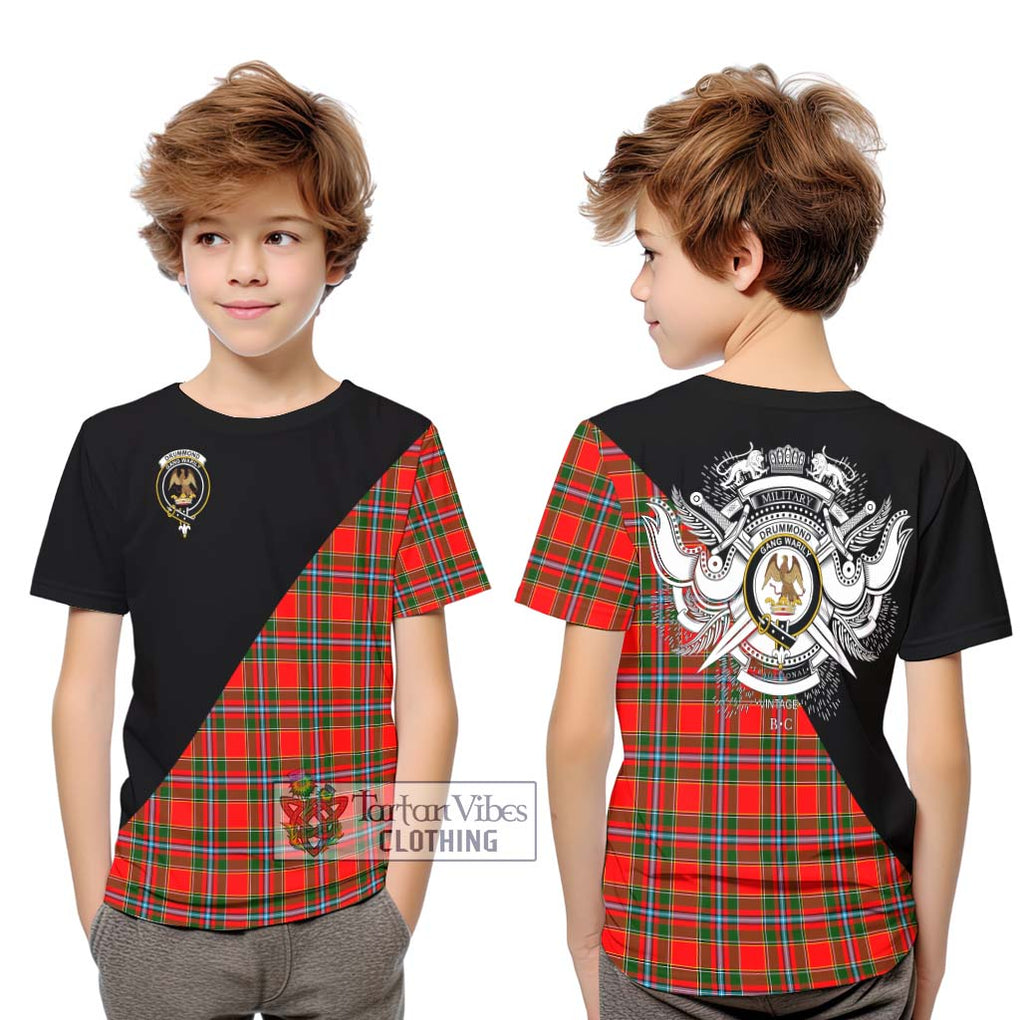 Drummond of Perth Tartan Kid T-Shirt with Family Crest and Military Logo Style Youth XL Size14 - Tartanvibesclothing Shop