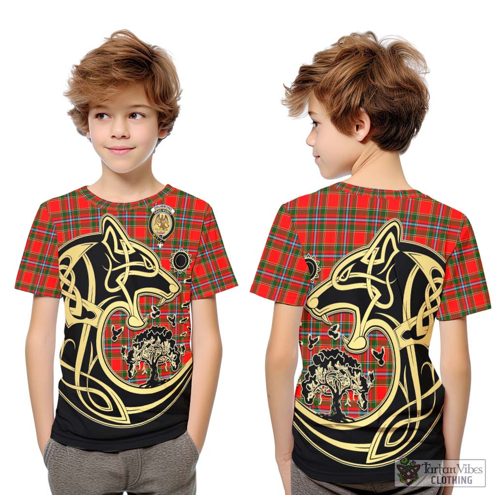 Drummond of Perth Tartan Kid T-Shirt with Family Crest Celtic Wolf Style Youth XL Size14 - Tartan Vibes Clothing