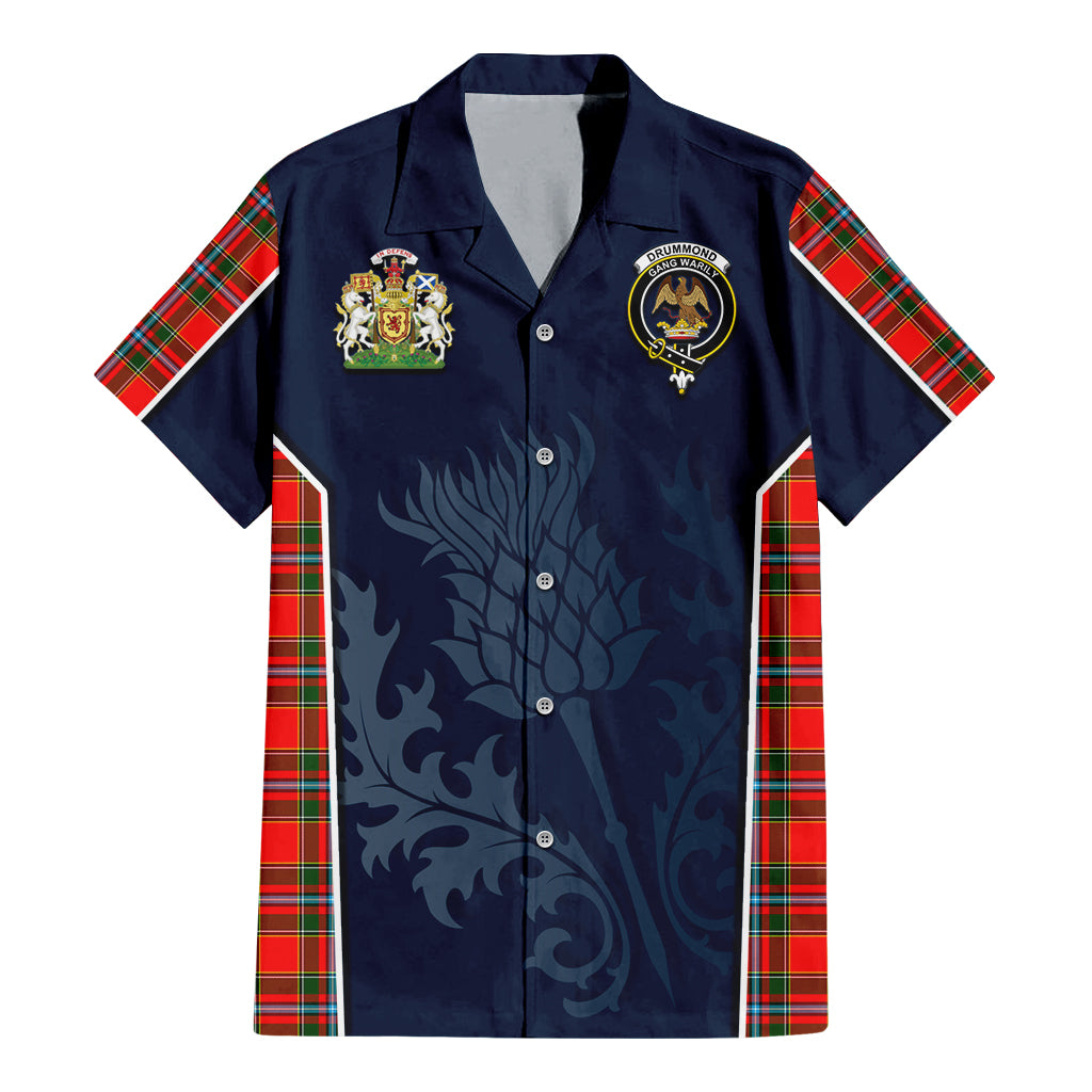 Tartan Vibes Clothing Drummond of Perth Tartan Short Sleeve Button Up Shirt with Family Crest and Scottish Thistle Vibes Sport Style