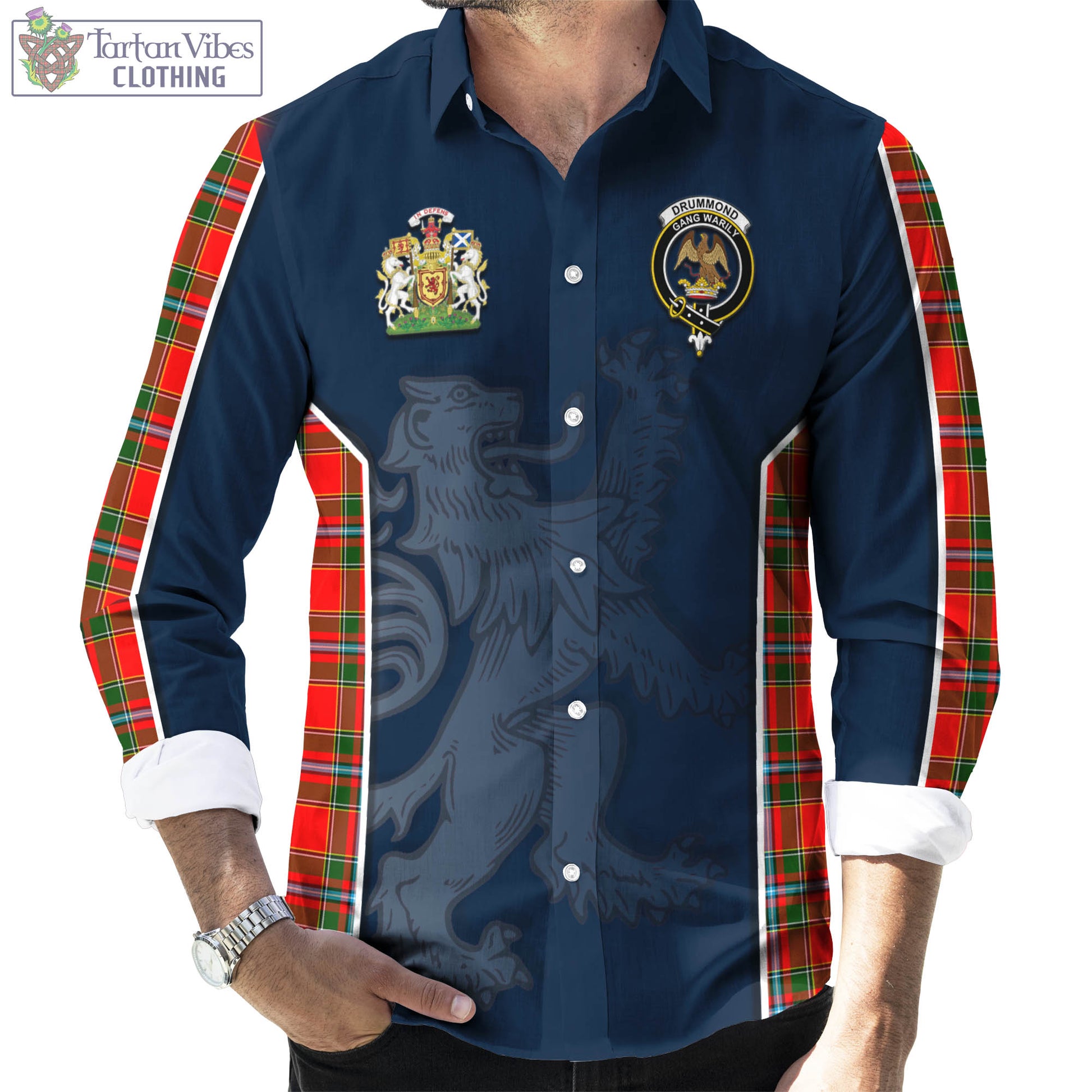 Tartan Vibes Clothing Drummond of Perth Tartan Long Sleeve Button Up Shirt with Family Crest and Lion Rampant Vibes Sport Style