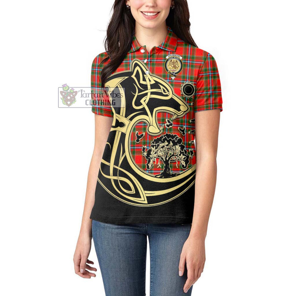 Drummond of Perth Tartan Women's Polo Shirt with Family Crest Celtic Wolf Style - Tartanvibesclothing Shop