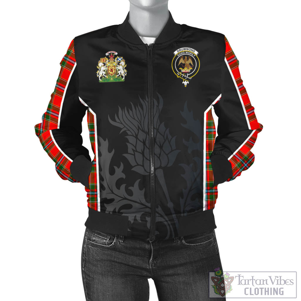 Tartan Vibes Clothing Drummond of Perth Tartan Bomber Jacket with Family Crest and Scottish Thistle Vibes Sport Style