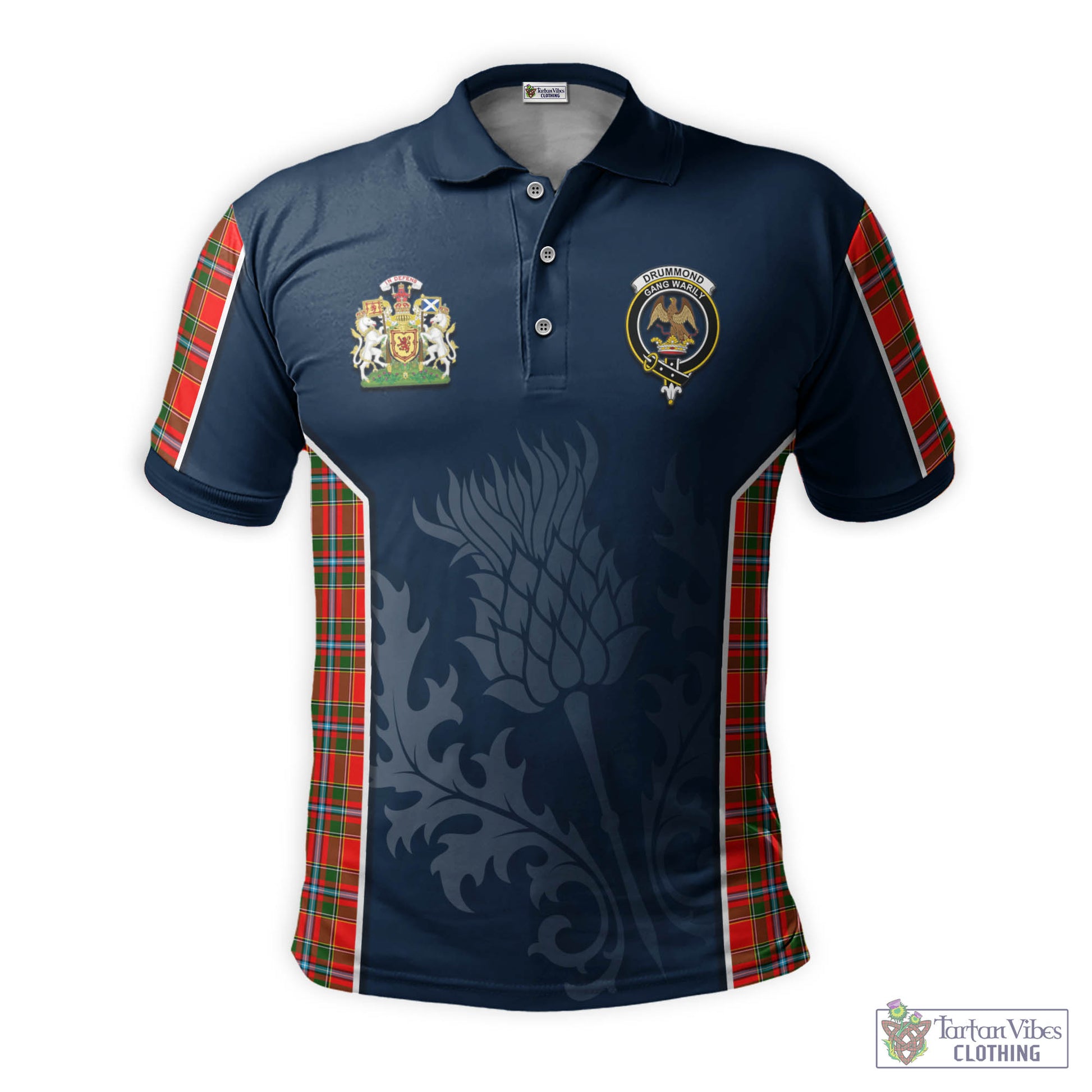 Tartan Vibes Clothing Drummond of Perth Tartan Men's Polo Shirt with Family Crest and Scottish Thistle Vibes Sport Style