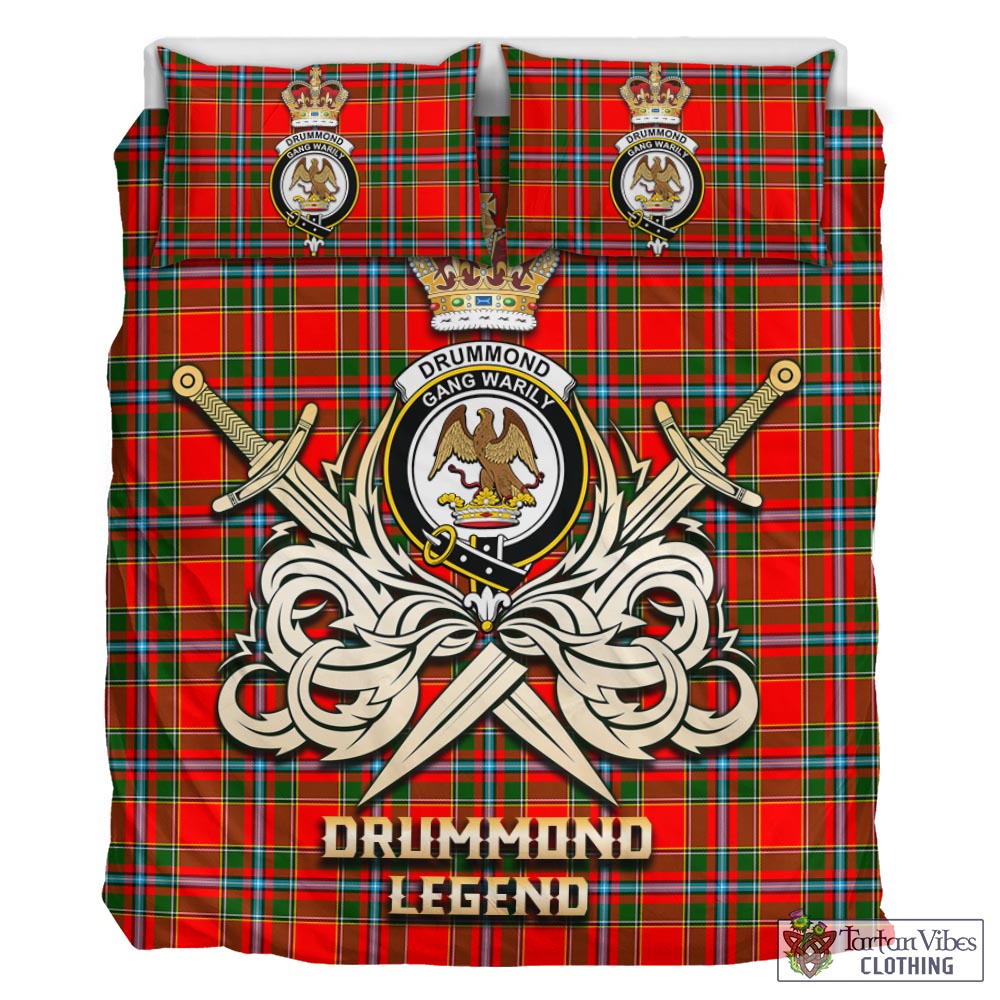 Tartan Vibes Clothing Drummond of Perth Tartan Bedding Set with Clan Crest and the Golden Sword of Courageous Legacy