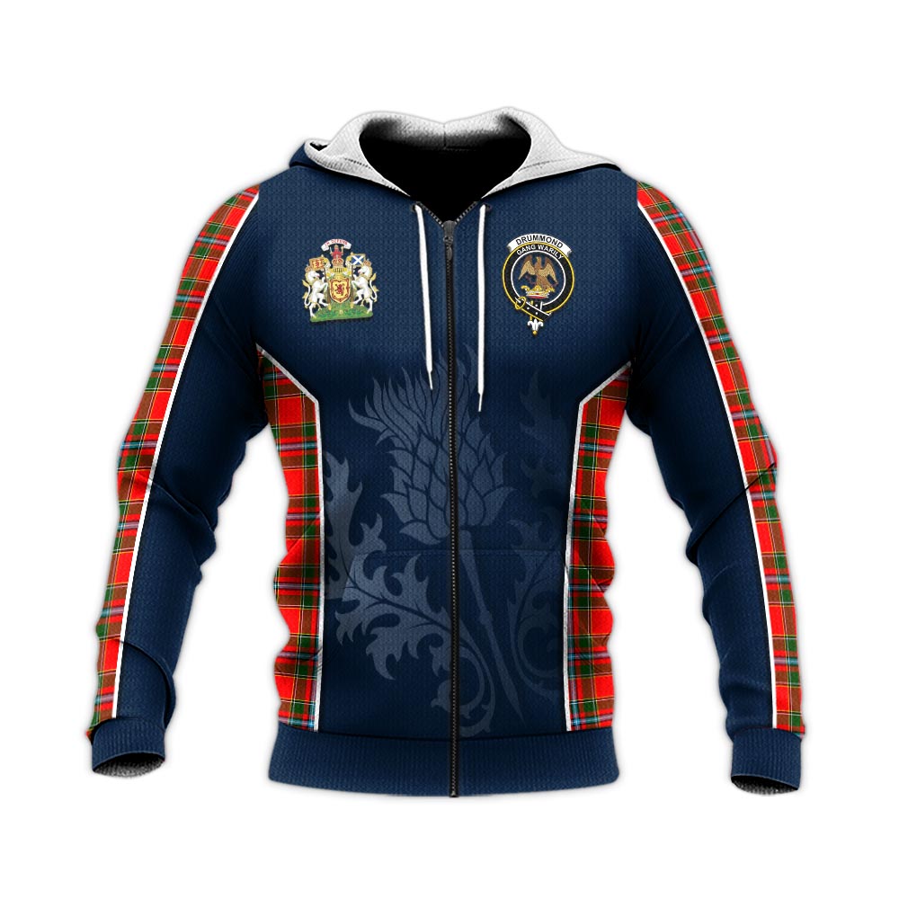 Tartan Vibes Clothing Drummond of Perth Tartan Knitted Hoodie with Family Crest and Scottish Thistle Vibes Sport Style