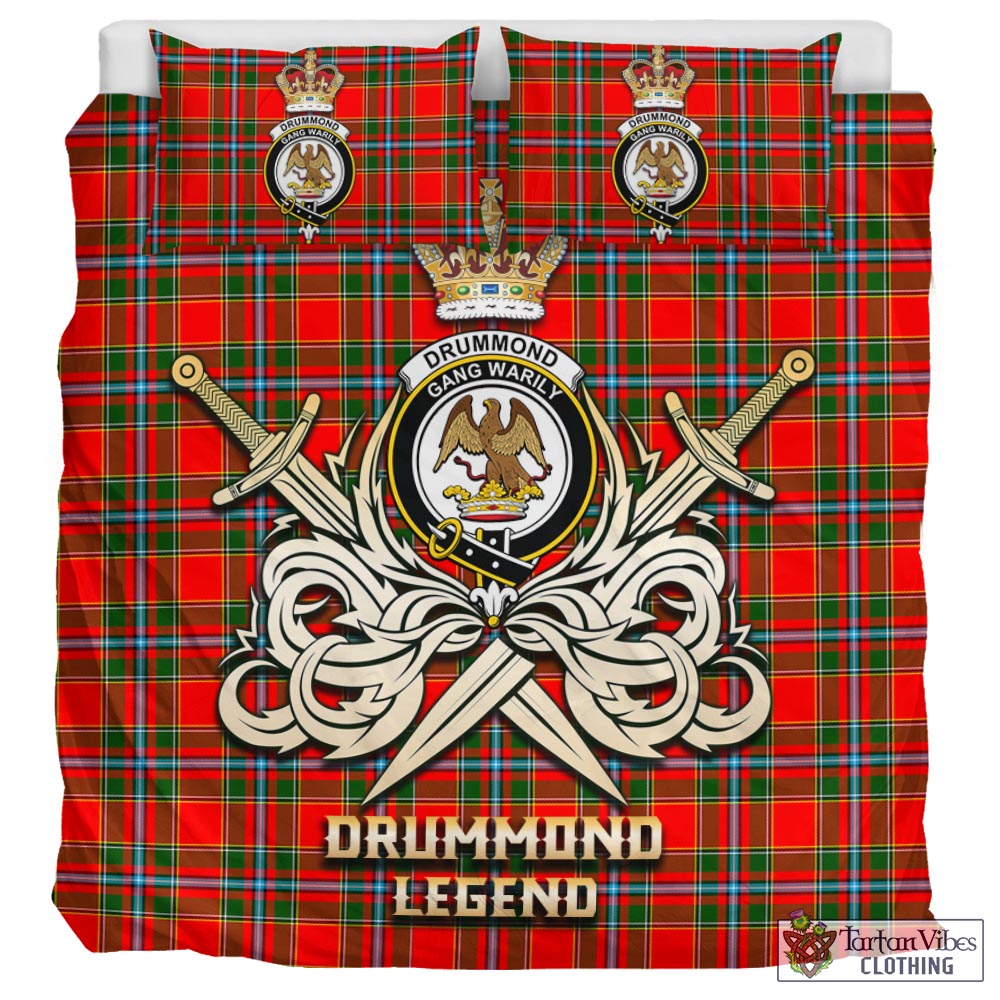 Tartan Vibes Clothing Drummond of Perth Tartan Bedding Set with Clan Crest and the Golden Sword of Courageous Legacy