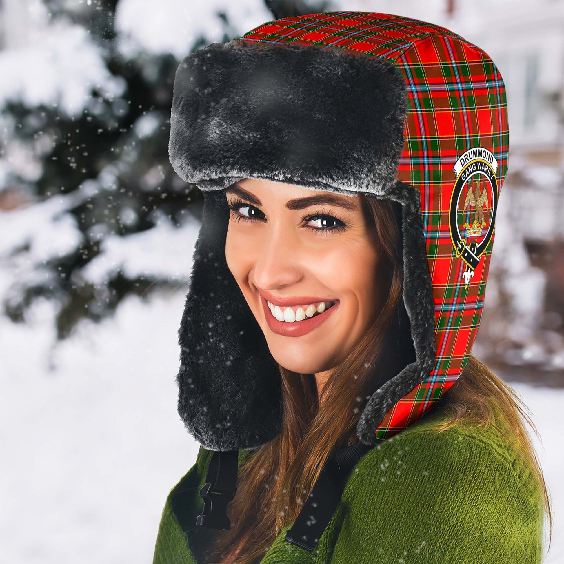 Drummond of Perth Tartan Winter Trapper Hat with Family Crest - Tartanvibesclothing