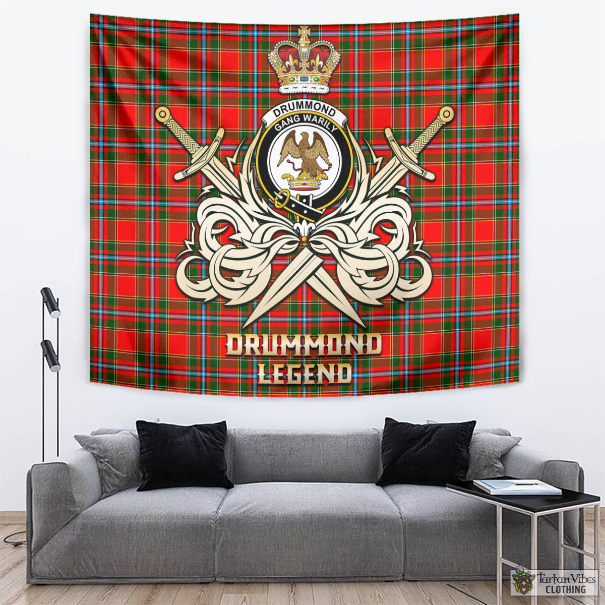 Tartan Vibes Clothing Drummond of Perth Tartan Tapestry with Clan Crest and the Golden Sword of Courageous Legacy