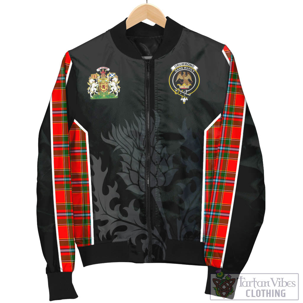 Tartan Vibes Clothing Drummond of Perth Tartan Bomber Jacket with Family Crest and Scottish Thistle Vibes Sport Style