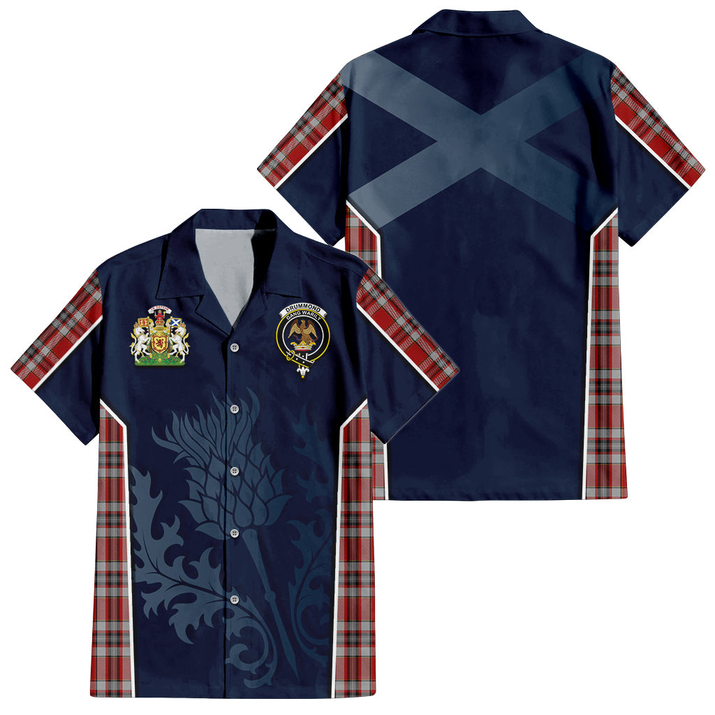 Tartan Vibes Clothing Drummond of Perth Dress Tartan Short Sleeve Button Up Shirt with Family Crest and Scottish Thistle Vibes Sport Style