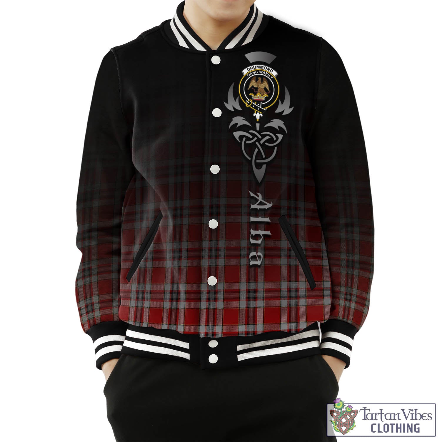 Tartan Vibes Clothing Drummond of Perth Dress Tartan Baseball Jacket Featuring Alba Gu Brath Family Crest Celtic Inspired