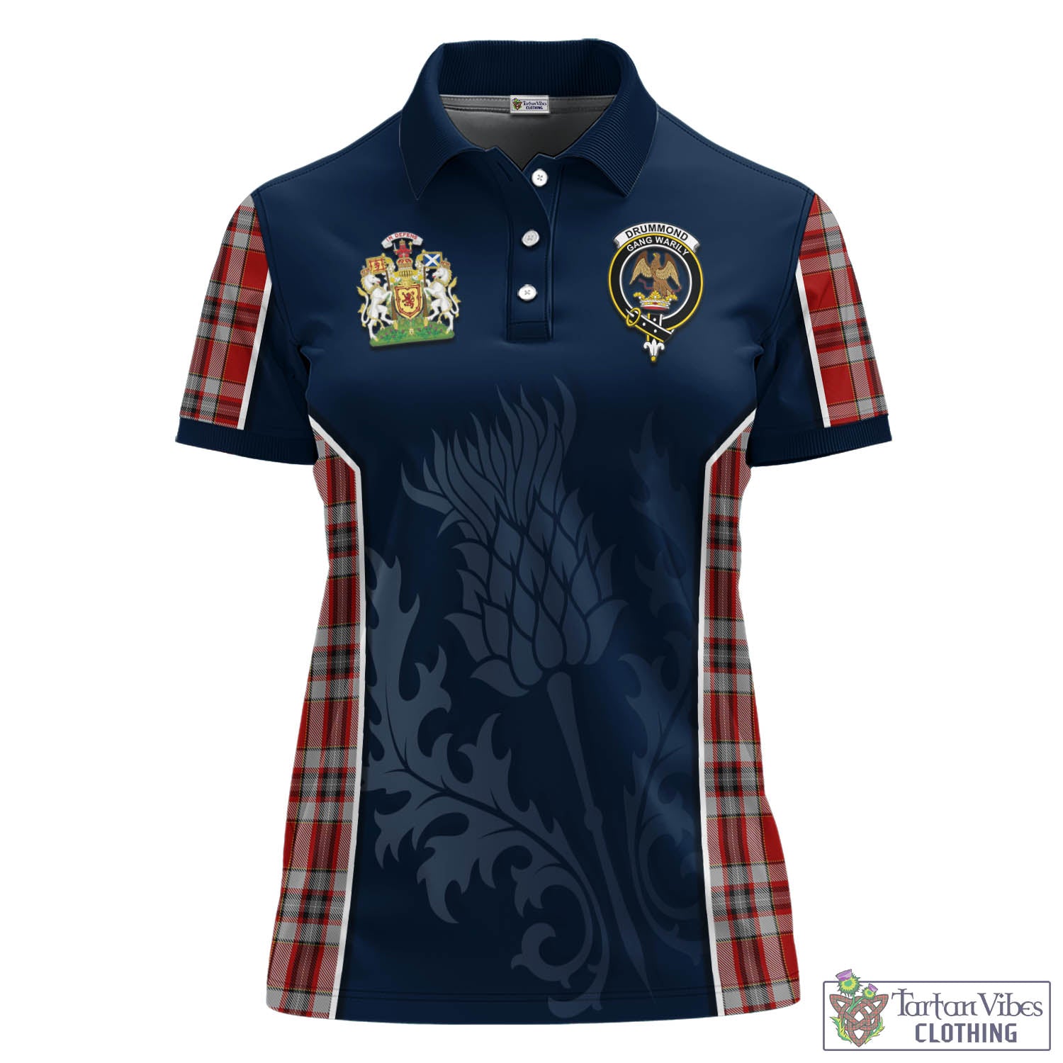 Tartan Vibes Clothing Drummond of Perth Dress Tartan Women's Polo Shirt with Family Crest and Scottish Thistle Vibes Sport Style