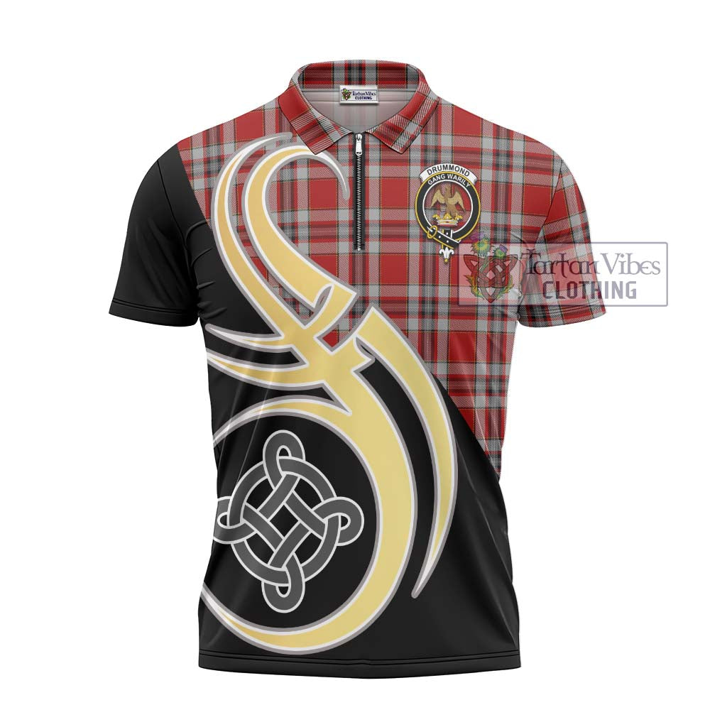 Tartan Vibes Clothing Drummond of Perth Dress Tartan Zipper Polo Shirt with Family Crest and Celtic Symbol Style