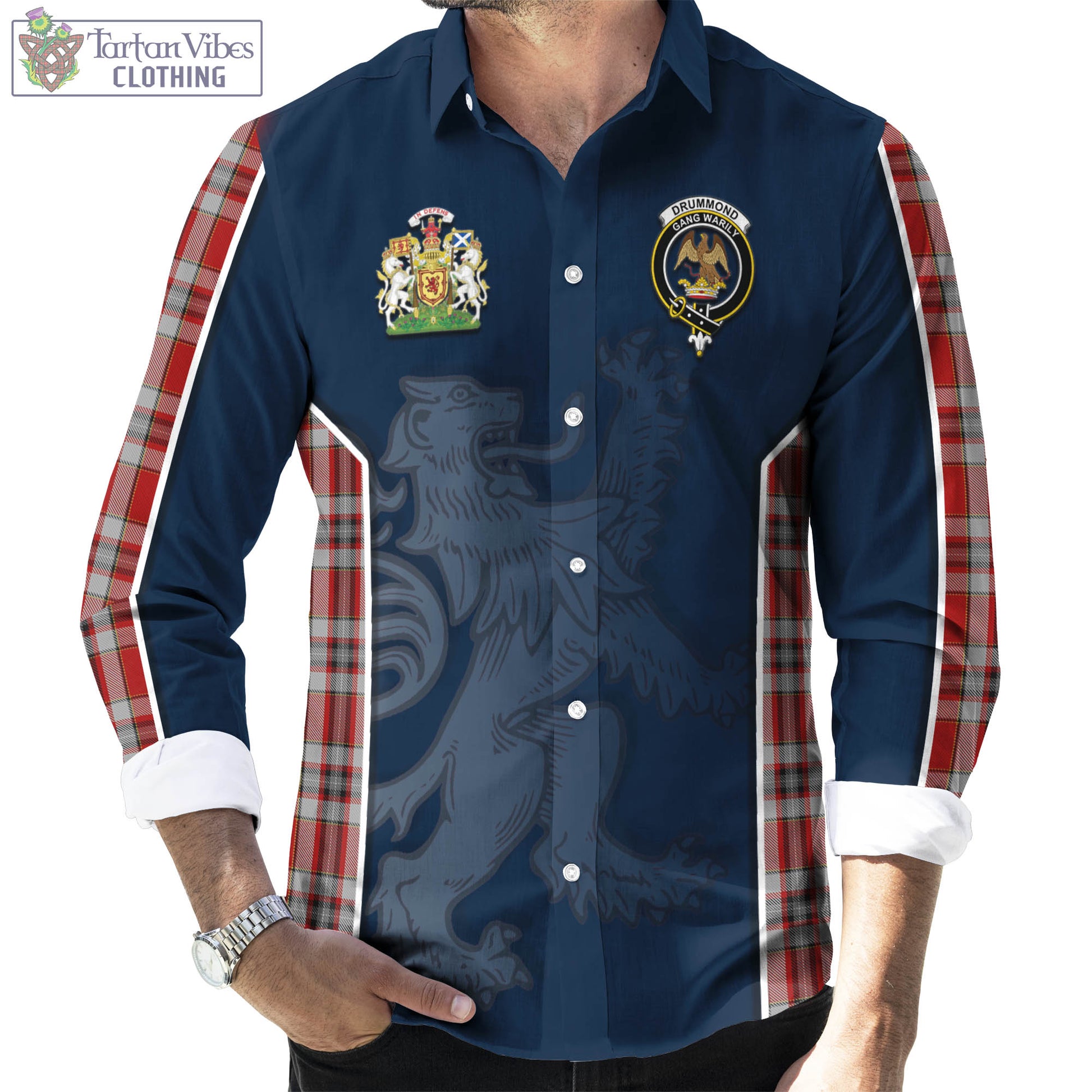 Tartan Vibes Clothing Drummond of Perth Dress Tartan Long Sleeve Button Up Shirt with Family Crest and Lion Rampant Vibes Sport Style