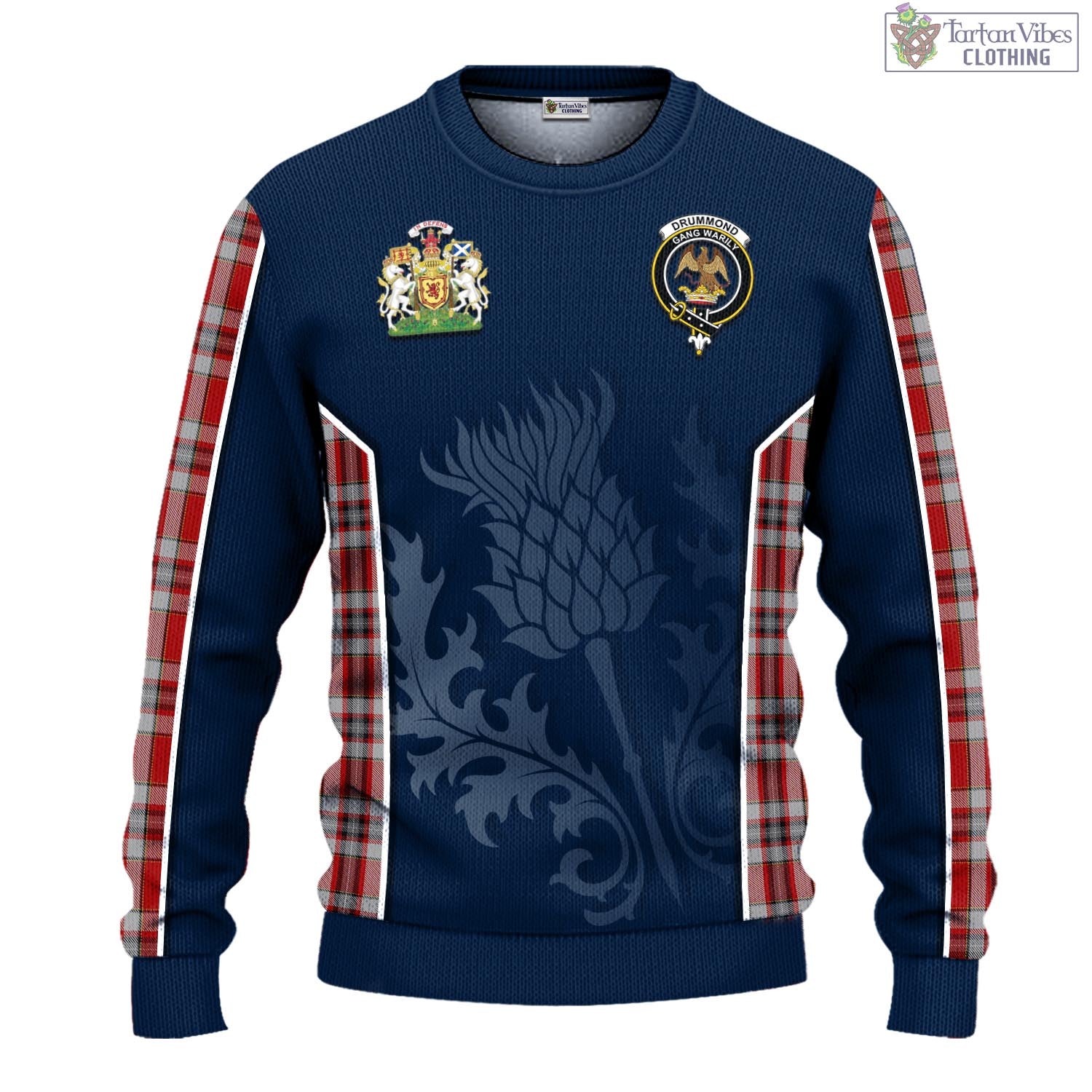 Tartan Vibes Clothing Drummond of Perth Dress Tartan Knitted Sweatshirt with Family Crest and Scottish Thistle Vibes Sport Style