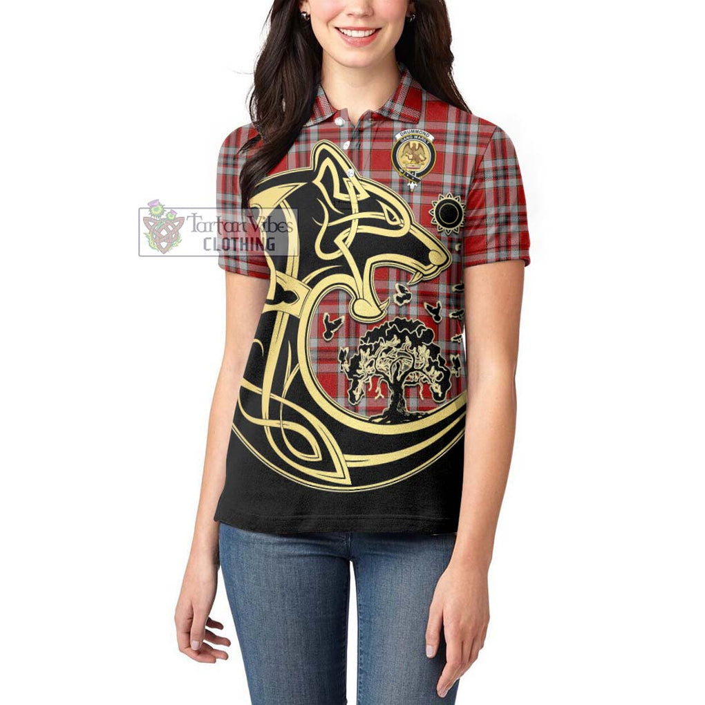 Drummond of Perth Dress Tartan Women's Polo Shirt with Family Crest Celtic Wolf Style - Tartanvibesclothing Shop