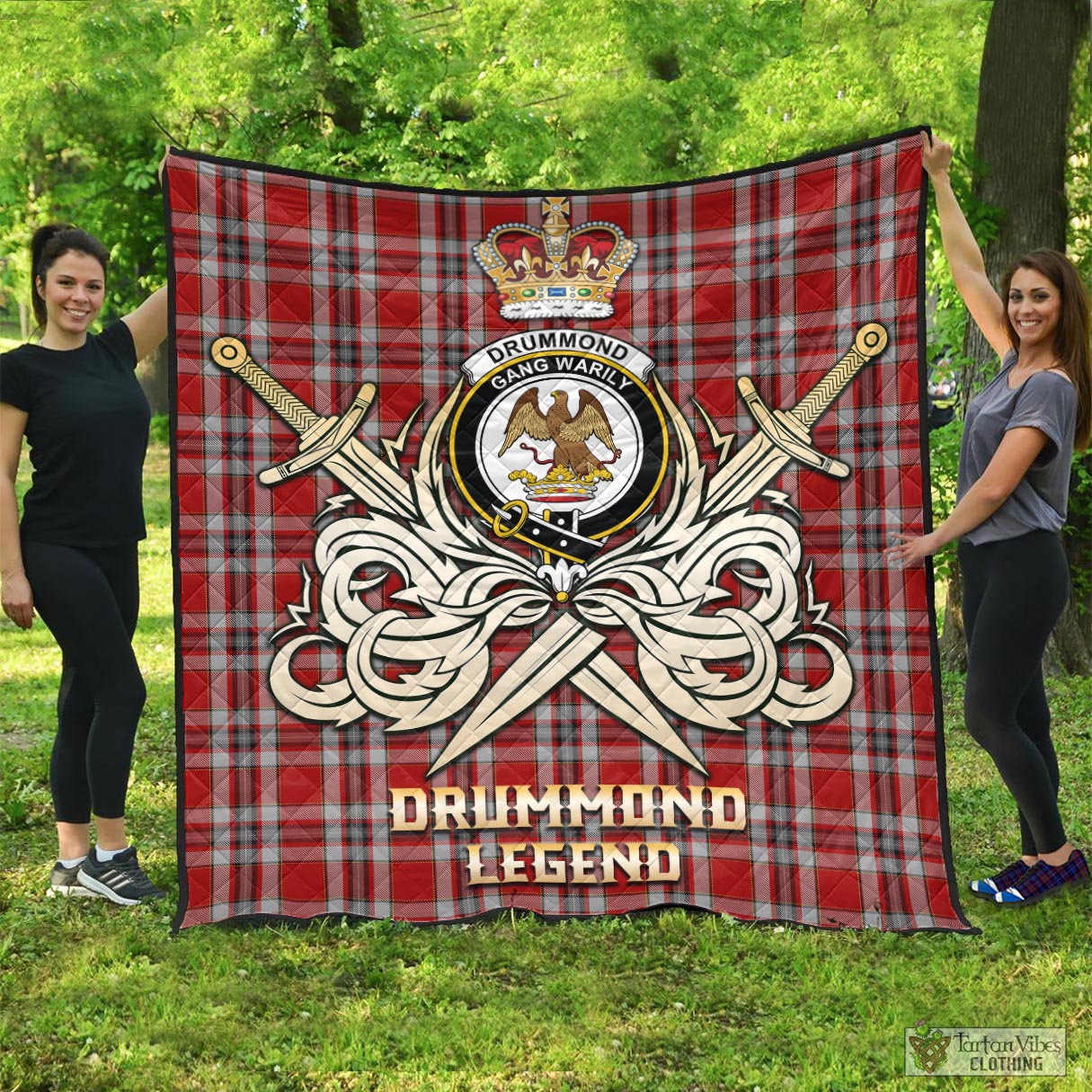 Tartan Vibes Clothing Drummond of Perth Dress Tartan Quilt with Clan Crest and the Golden Sword of Courageous Legacy