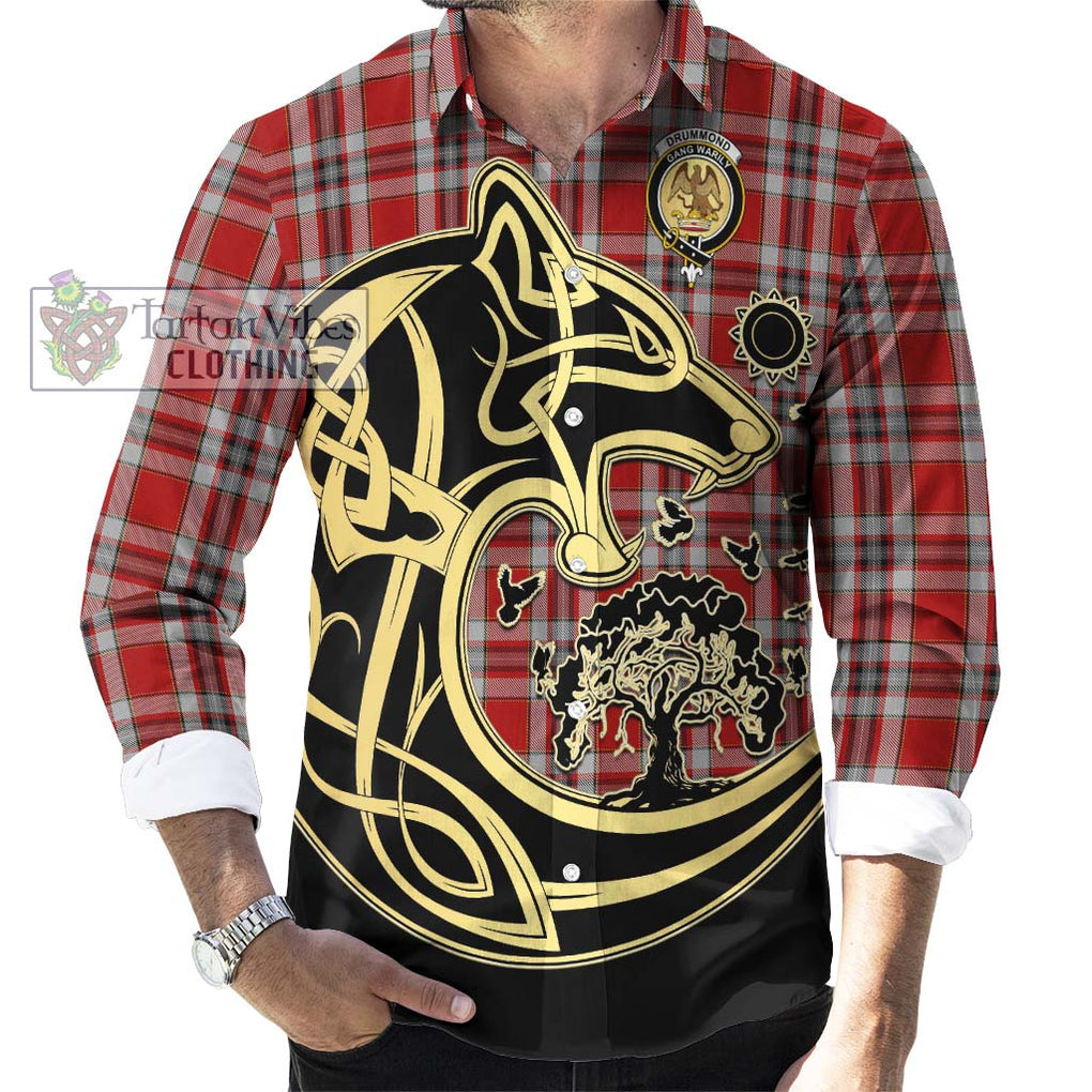 Drummond of Perth Dress Tartan Long Sleeve Button Shirt with Family Crest Celtic Wolf Style - Tartan Vibes Clothing