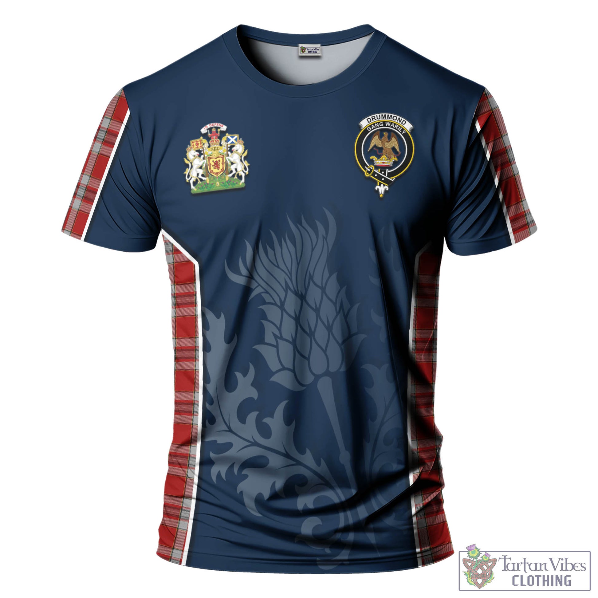 Tartan Vibes Clothing Drummond of Perth Dress Tartan T-Shirt with Family Crest and Scottish Thistle Vibes Sport Style