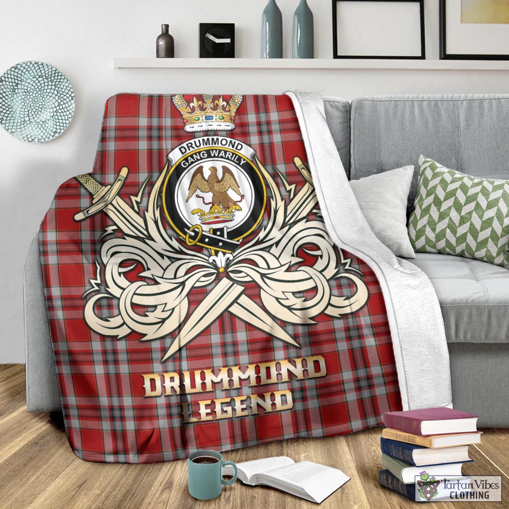 Tartan Vibes Clothing Drummond of Perth Dress Tartan Blanket with Clan Crest and the Golden Sword of Courageous Legacy