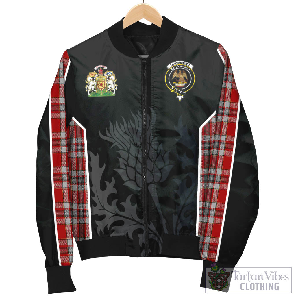 Tartan Vibes Clothing Drummond of Perth Dress Tartan Bomber Jacket with Family Crest and Scottish Thistle Vibes Sport Style