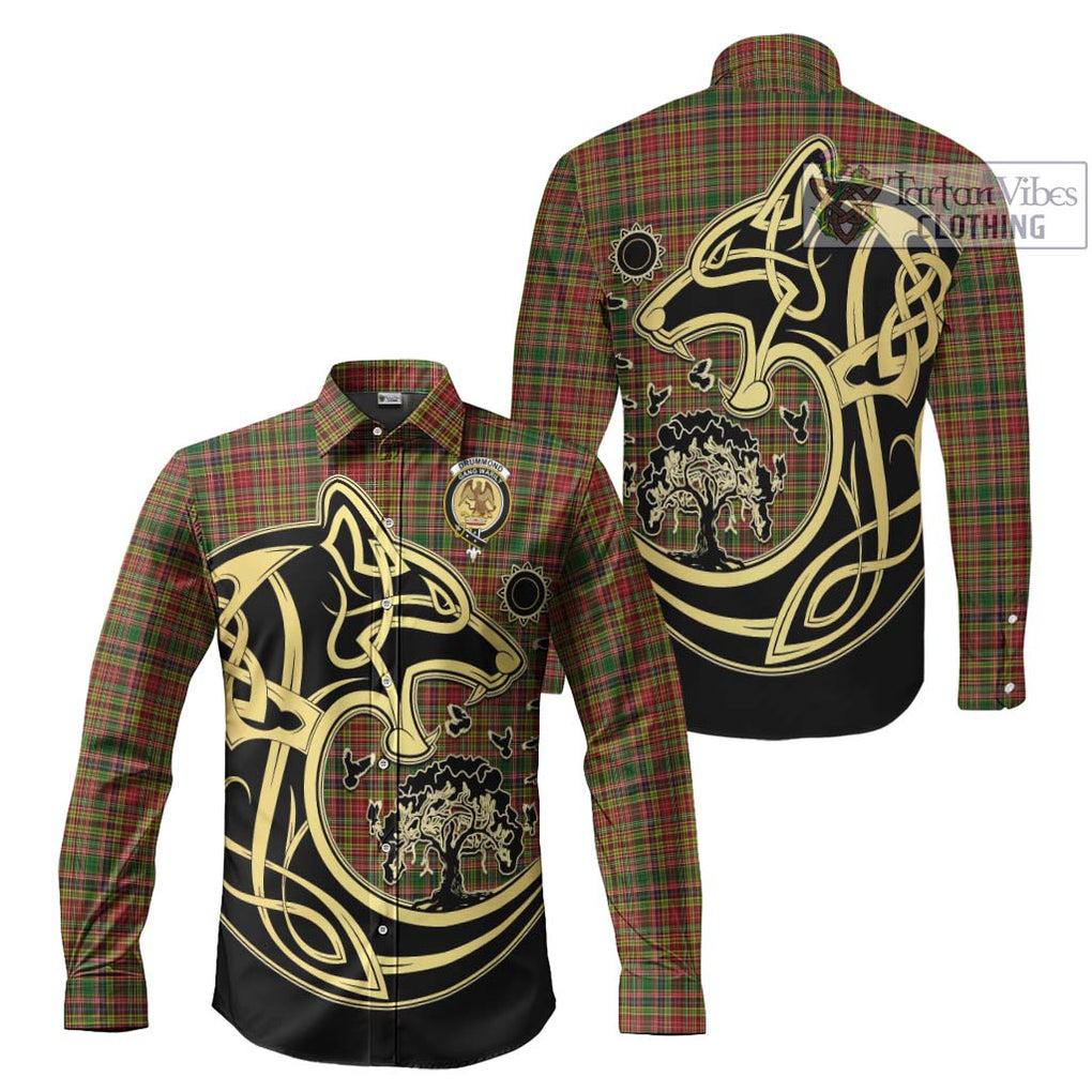 Drummond of Strathallan Tartan Long Sleeve Button Shirt with Family Crest Celtic Wolf Style Men's Shirt S - Tartan Vibes Clothing