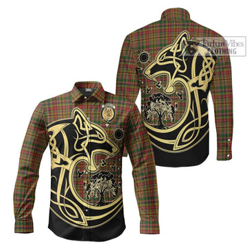 Drummond of Strathallan Tartan Long Sleeve Button Shirt with Family Crest Celtic Wolf Style