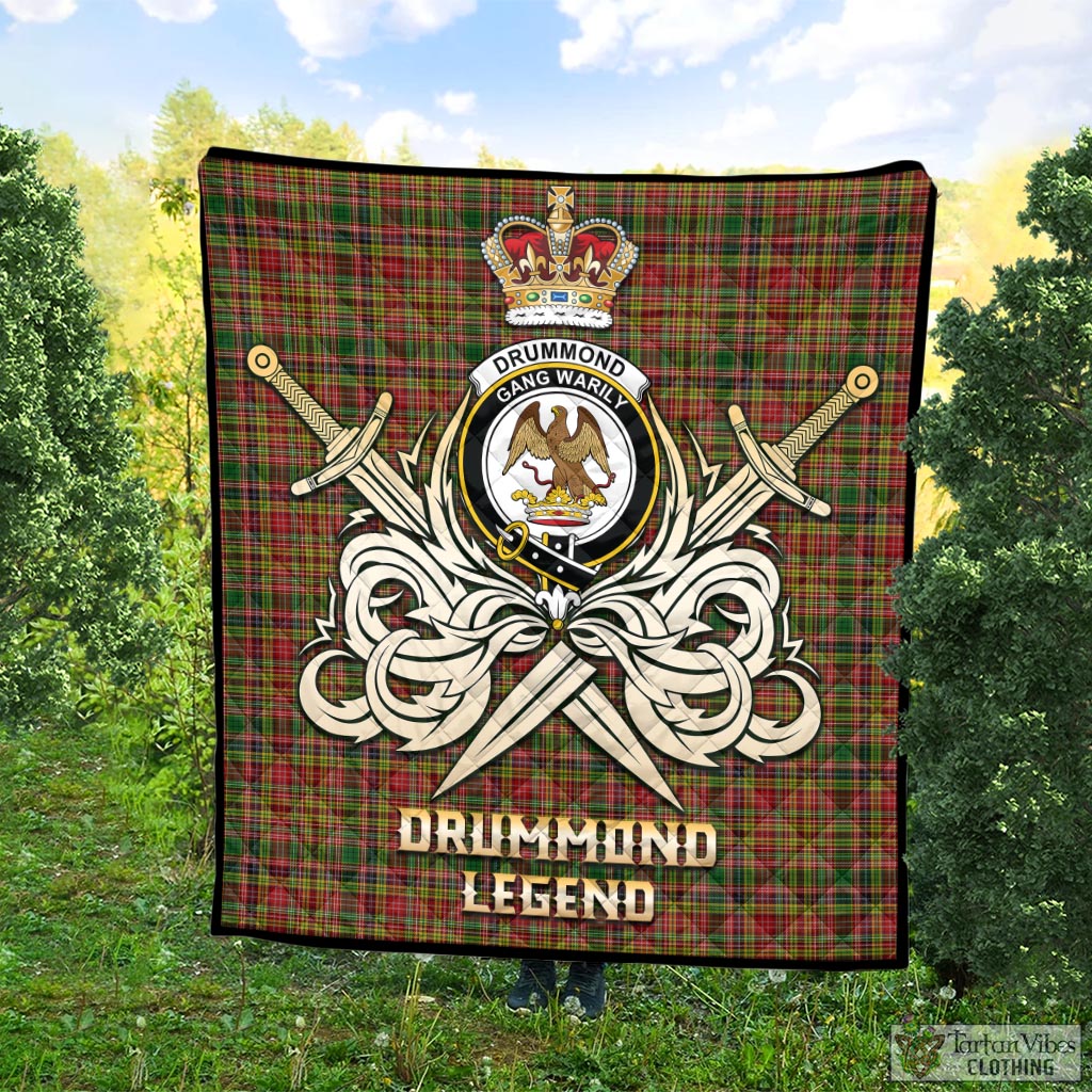 Tartan Vibes Clothing Drummond of Strathallan Tartan Quilt with Clan Crest and the Golden Sword of Courageous Legacy