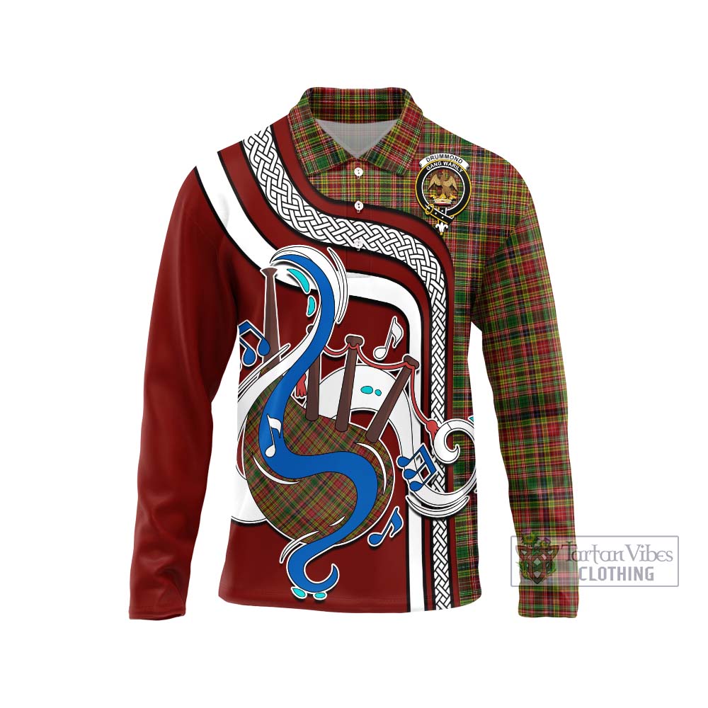 Tartan Vibes Clothing Drummond of Strathallan Tartan Long Sleeve Polo Shirt with Epic Bagpipe Style