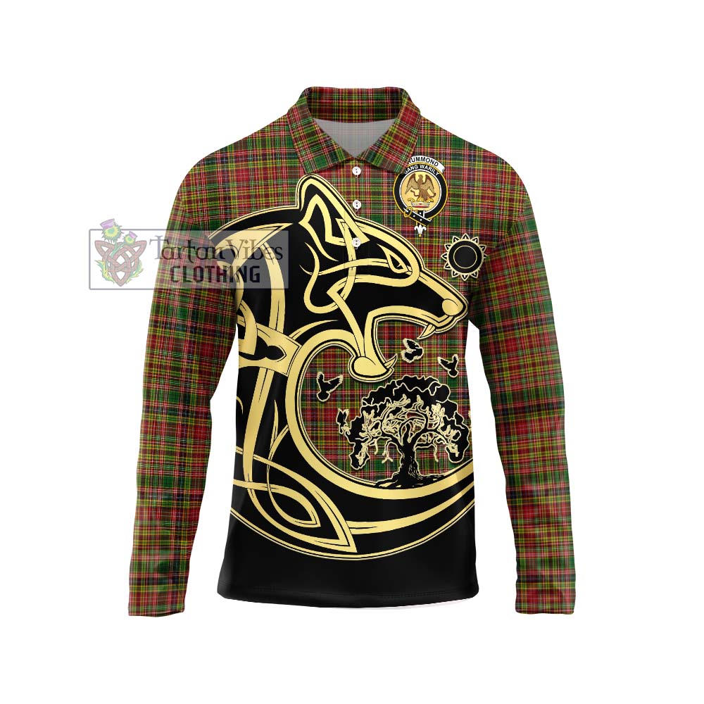 Drummond of Strathallan Tartan Long Sleeve Polo Shirt with Family Crest Celtic Wolf Style Unisex - Tartanvibesclothing Shop